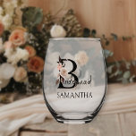 Bridesmaid Floral Letter Bridal Party Wedding Stemless Wine Glass<br><div class="desc">Wine glass to personalize for your bridesmaid as a thank you gift or to use at your bachelorette party, rehearsal dinner, reception etc. Bridesmaid is lettered with neutral boho floral letters and handwritten script. You can also add the name of the bride and groom and their wedding date. Lovely wedding...</div>