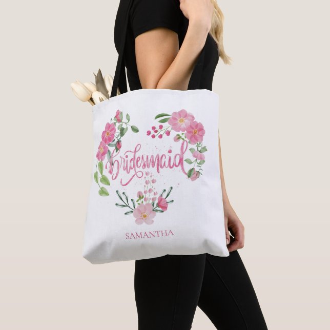 Bridesmaid Floral Personalized Name Tote Bag (Close Up)