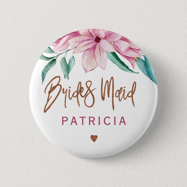 Bridesmaid floral pink copper bridal shower button (Front)