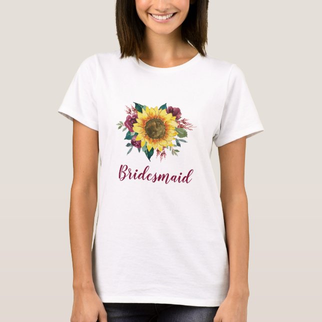 Bridesmaid Floral Sunflower Burgundy Rose Wedding T-Shirt (Front)