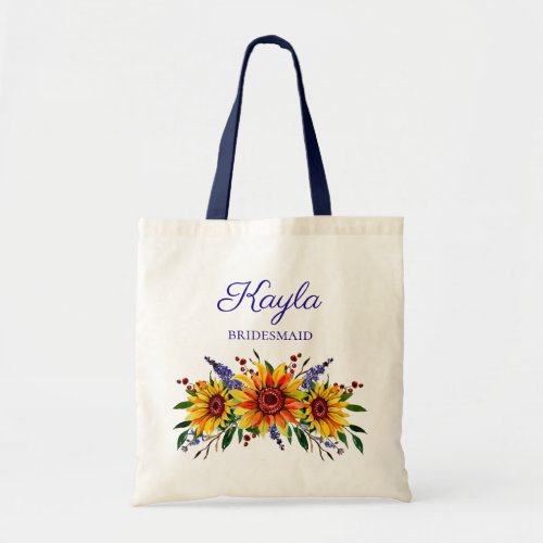 Bridesmaid Floral Watercolor Sunflowers Monogram Tote Bag