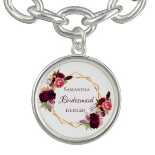 Bridesmaid florals burgundy name bracelet