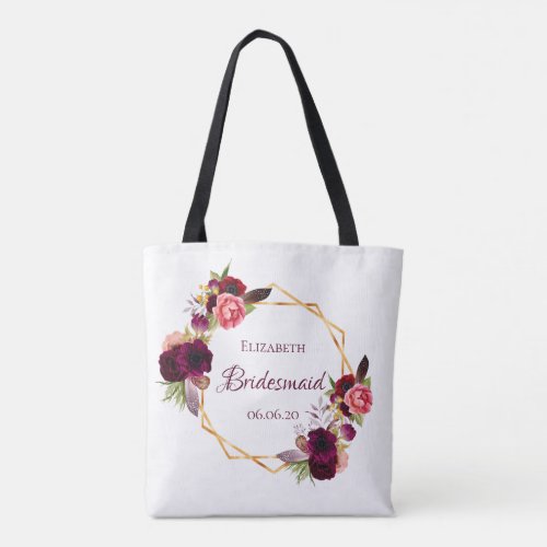 Bridesmaid flowers burgundy name geometric tote bag