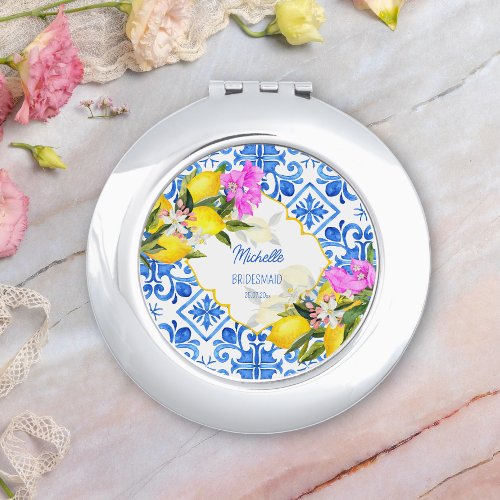 Bridesmaid Gift Blue tiles lemon custom Compact Mirror