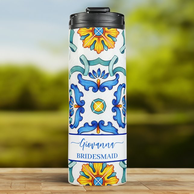 Bridesmaid gift bridal party favors Majolica blue Thermal Tumbler (Bridesmaid gift bridal party favors Majolica blue personalized name Thermal Tumbler)