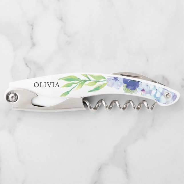 Bridesmaid Gift Cork Screw - Blue Hydrangea Waiter's Corkscrew (Front)