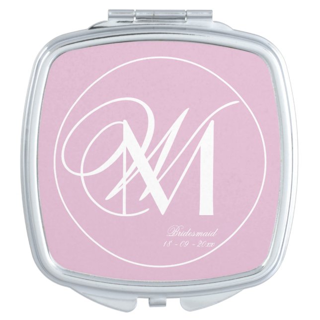 Bridesmaid Gift Double Monogram Initials Pink Compact Mirror (Front)