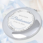 Bridesmaid Gift Dusty Blue & Silver Lace Compact Mirror<br><div class="desc">These compact mirrors are designed to give as favors to the bridesmaids in your wedding party. They feature a simple yet elegant design with a white background, dusty blue script lettering, and a silver gray faux foil floral lace border. Perfect way to thank your bridesmaids for being a part of...</div>