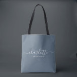 Bridesmaid Gift Dusty Blue  Tote Bag<br><div class="desc">This Bridesmaid accessory bag features a handwritten white script typography with swashes on a slate blue background. Present your bridesmaids with a tote bag for their small items. Traditionally presented at the rehearsal dinner,  for use in the early morning before the wedding.</div>