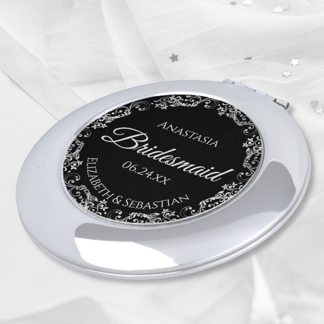Bridesmaid Gift Elegant Black & Silver Wedding Compact Mirror (Creator Uploaded)