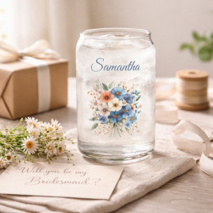 Bridesmaid Gift Elegant Blue Floral Personalized Can Glass