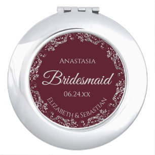 Bridesmaid Gift Elegant Burgundy & Silver Lace Compact Mirror