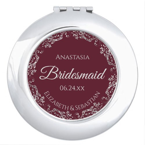 Bridesmaid Gift Elegant Burgundy  Silver Lace Compact Mirror