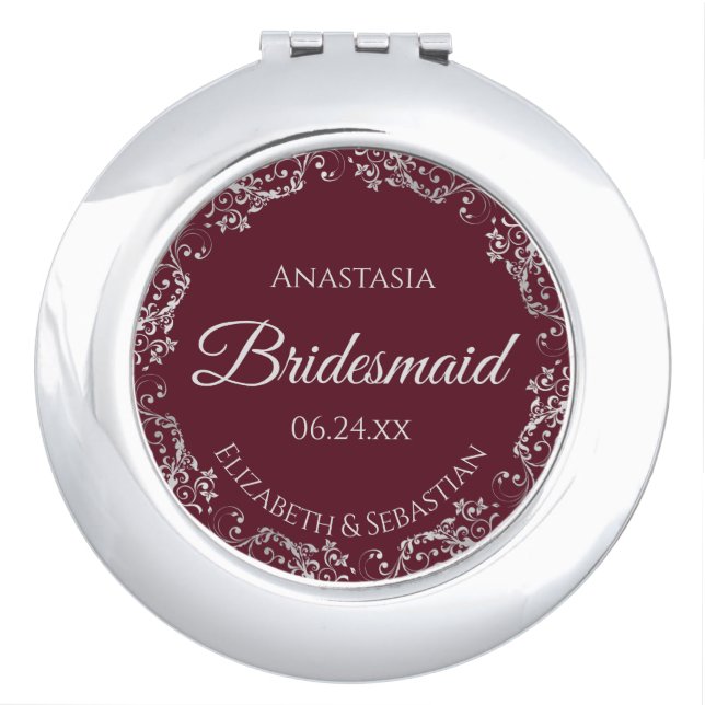 Bridesmaid Gift Elegant Burgundy & Silver Lace Compact Mirror (Front)