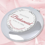Bridesmaid Gift Elegant Crimson Red & Silver Lace Compact Mirror<br><div class="desc">These compact mirrors are designed to give as favors to the bridesmaids in your wedding party. They feature a simple yet elegant design with a white background, crimson red script lettering, and a silver gray faux foil floral lace border. Perfect way to thank your bridesmaids for being a part of...</div>