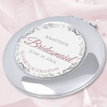 Bridesmaid Gift Elegant Dusty Rose & Silver Lace Compact Mirror<br><div class="desc">These compact mirrors are designed to give as favors to the bridesmaids in your wedding party. They feature a simple yet elegant design with a white background, dusty rose or mauve pink colored script lettering, and a silver gray faux foil floral lace border. Perfect way to thank your bridesmaids for...</div>