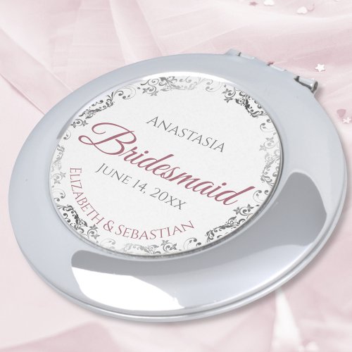 Bridesmaid Gift Elegant Dusty Rose  Silver Lace Compact Mirror