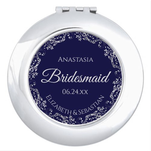 Bridesmaid Gift Elegant Navy Blue  Silver Lace Compact Mirror
