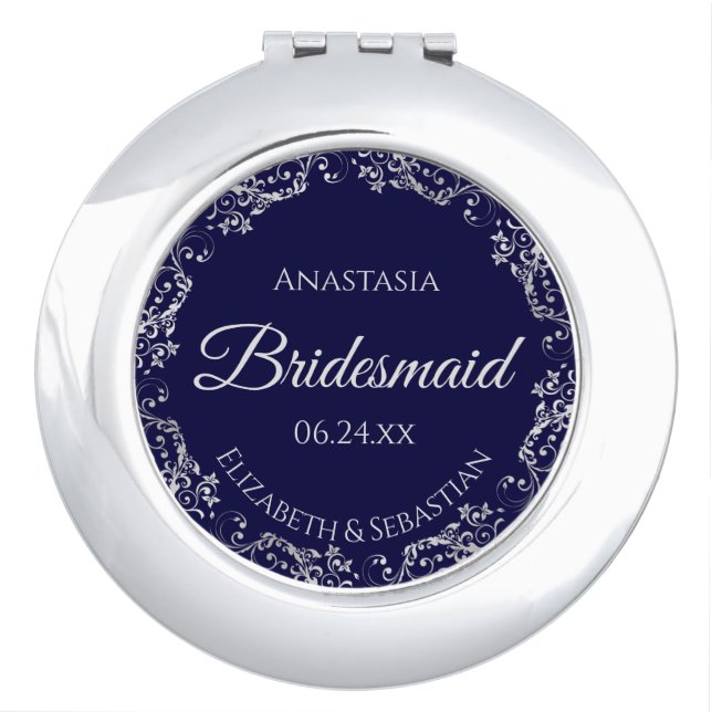 Bridesmaid Gift Elegant Navy Blue & Silver Lace Compact Mirror (Front)