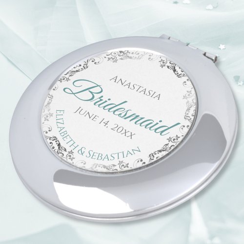 Bridesmaid Gift Elegant Teal  Silver Lace Compact Mirror