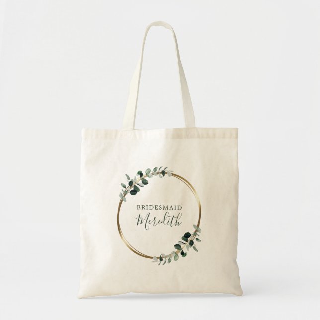 Bridesmaid Gift Eucalyptus Gold Monogram Tote Bag (Front)