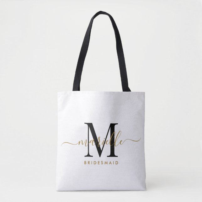 Bridesmaid Gift Gold Black Monogram White Tote Bag (Front)
