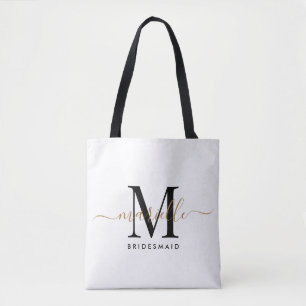 Bridesmaid Gift Gold Monogram White Tote Bag