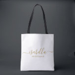 Bridesmaid Gift Gold Name Tote Bag<br><div class="desc">This Bridesmaid makeup and accessory bag features a handwritten gold script typography with swashes on a midnight or white background. Present your bridesmaids with a toiletry bag for their makeup and small items traditionally presented at the rehearsal dinner,  for use in the early morning before the wedding.</div>
