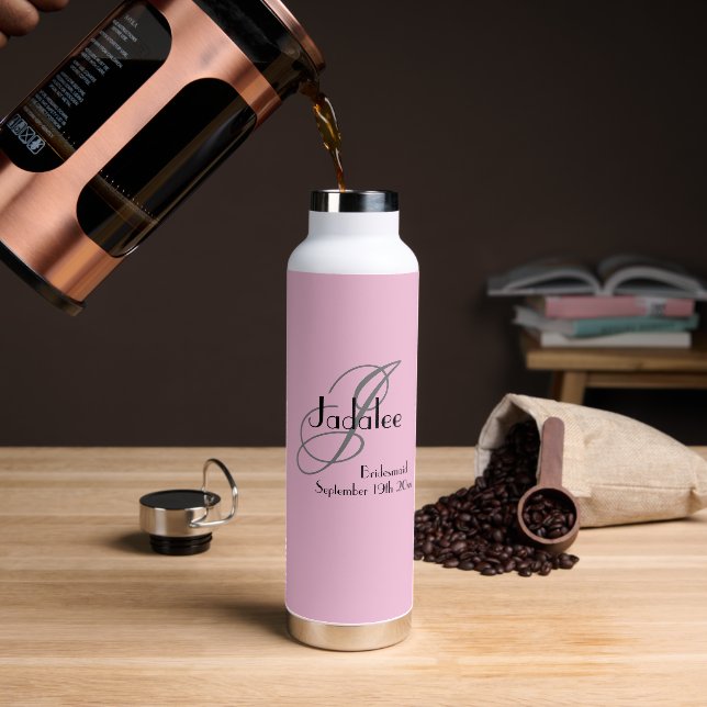 Bridesmaid Gift Gray Monogram Black Details Pink Water Bottle (Coffee)