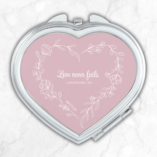 Bridesmaid Gift Love Never Fails Verse Floral Pink Compact Mirror