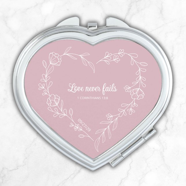 Bridesmaid Gift Love Never Fails Verse Floral Pink Compact Mirror (Creator Uploaded)