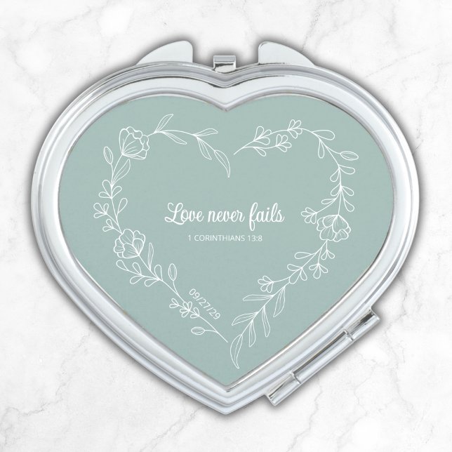 Bridesmaid Gift Love Never Fails Verse Floral Sage Compact Mirror (Creator Uploaded)