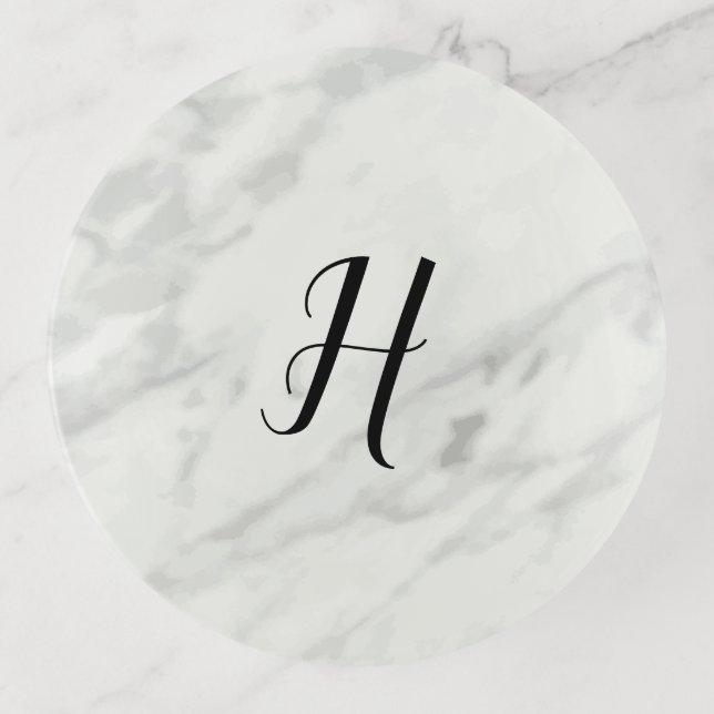 Bridesmaid Gift Marble Black and White Monogram Trinket Tray (Front)