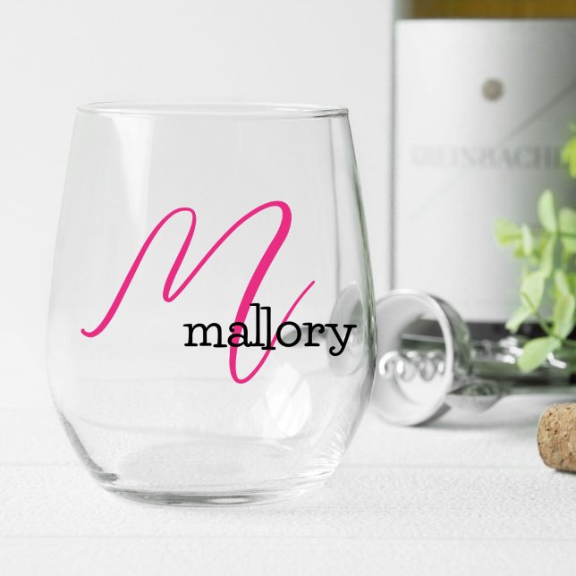 Bridesmaid Gift, Modern Elegant Monogram Stemless Wine Glass (elegant minimalist stemless wineglass with monogram initial in a pink script font)