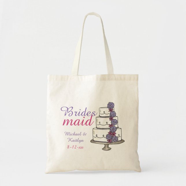 Bridesmaid Gift Pink Purple Floral Wedding Cake Tote Bag (Front)
