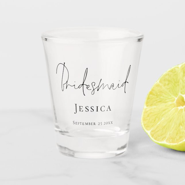 Bridesmaid Gift Script Name Wedding Date Shot Glass (Front)