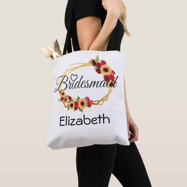 Bridesmaid Gift, Sunflower, Roses, Gold Frame Tote Bag (Close Up)