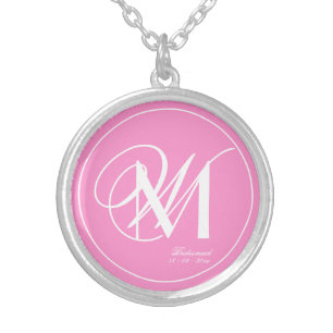 Bridesmaid Gift Two White Monogram Initials Pink Silver Plated Necklace