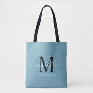 Bridesmaid Gift White Black Monogram Dusty Blue Tote Bag