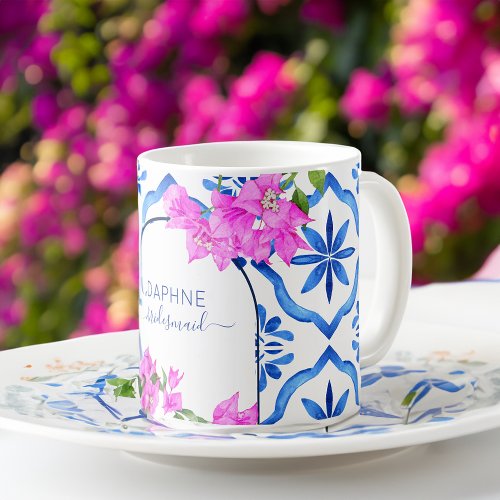 Bridesmaid gifts blue tiles bougainvilleas custom coffee mug