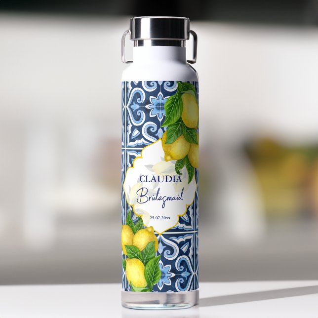 Bridesmaid gifts blue tiles lemon Italian themed  Water Bottle (Bridesmaid gifts blue tiles lemon Italian themed personalized Water Bottle bridal party favors)