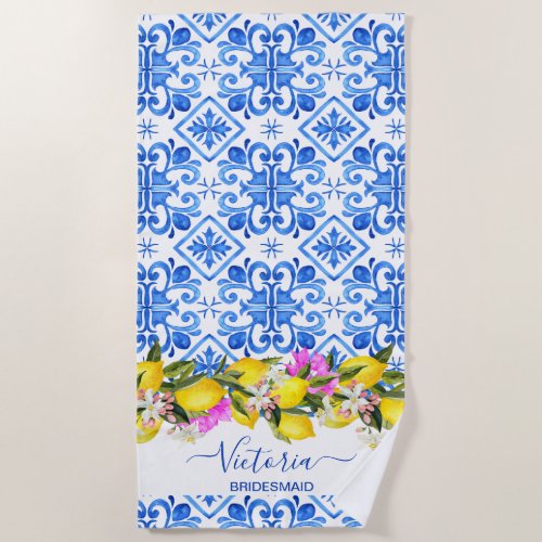 Bridesmaid gifts bridal party gifts lemon blue beach towel