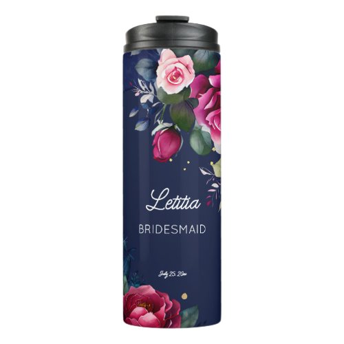 Bridesmaid gifts custom name navy blue pink roses thermal tumbler