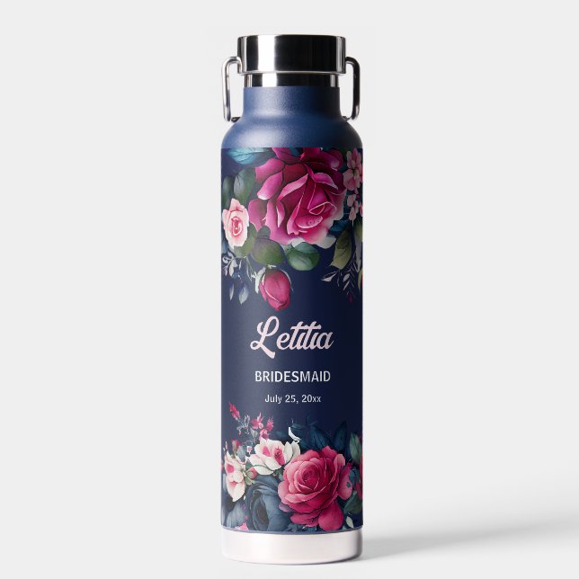Bridesmaid gifts custom name navy blue pink roses water bottle (Front)