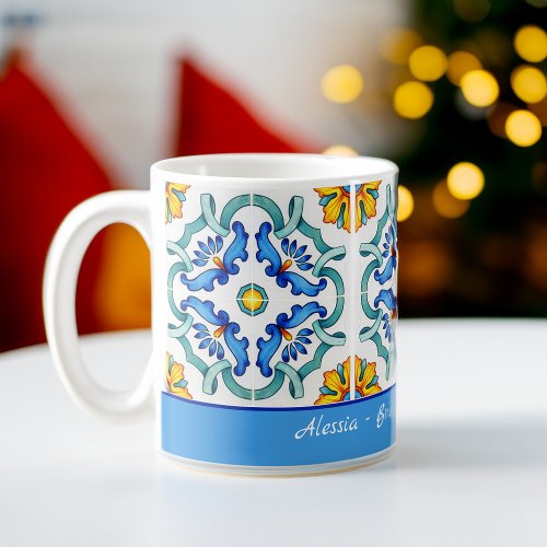 Bridesmaid gifts favors blue Majolica tiles custom Coffee Mug