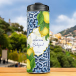 Bridesmaid gifts favors blue tiles lemon Amalfi Thermal Tumbler<br><div class="desc">Bridesmaid gifts Blue tiles and lemon Amalfi Positano Mediterranean style bridal party favors personalized name custom thermal tumbler,  Morocco style carved border. Makes a lovely keepsake gift for your special guests.</div>