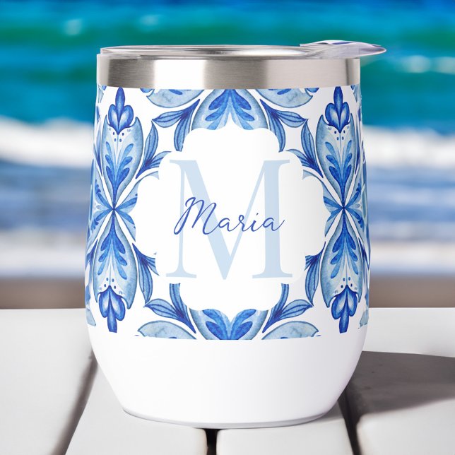 Bridesmaid gifts Italian Blue tiles monogram  Thermal Wine Tumbler (Bridesmaid gifts Italian Blue and white Majolica tiles personalized monogram Thermal Wine Tumbler)