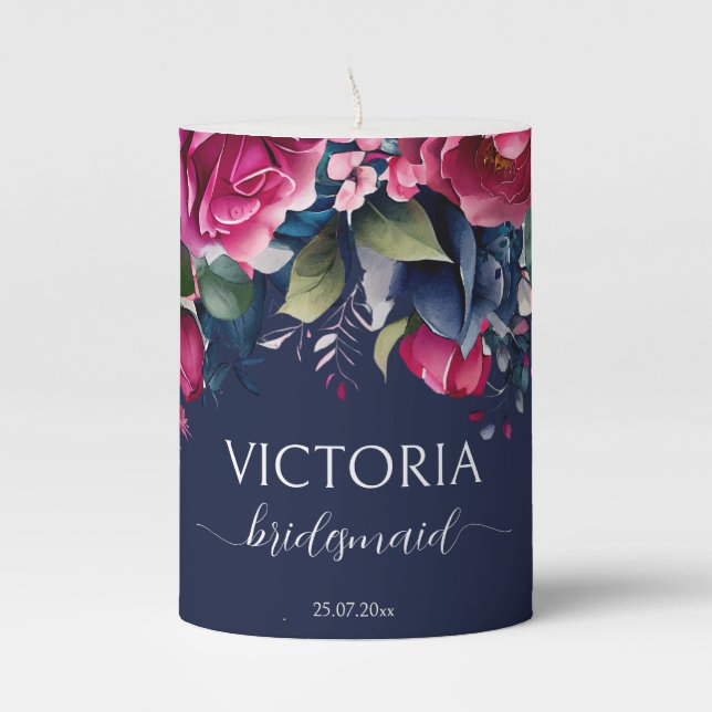 Bridesmaid gifts navy blue hot pink roses custom pillar candle (Front)