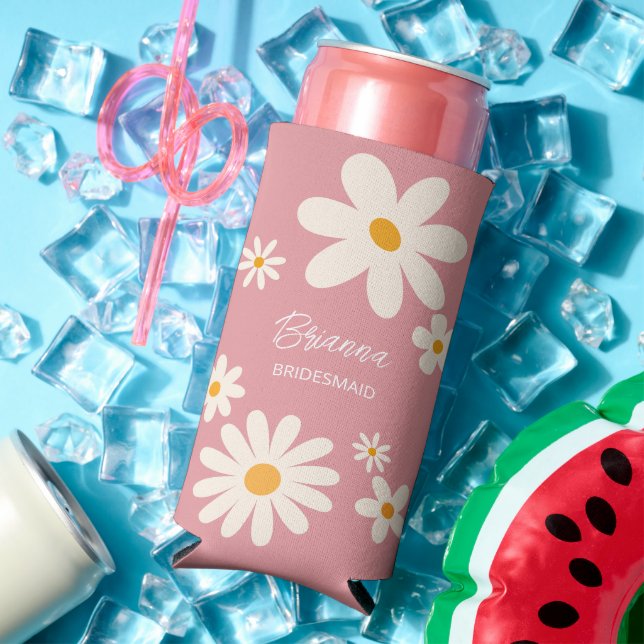 Bridesmaid gifts retro daisy desert pink custom seltzer can cooler (In Situ Summer)