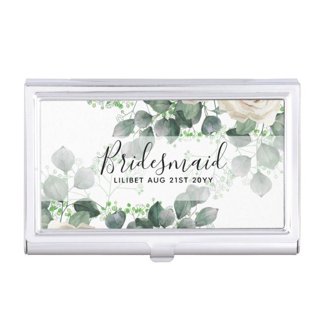 Bridesmaid Gifts White Roses Theme Personalized Business Card Case (Front)